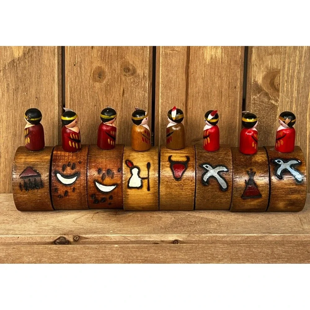 Native American Indian Style Wood Napkin ~ Rings Set of 8 ~ Carved Hand-Painted